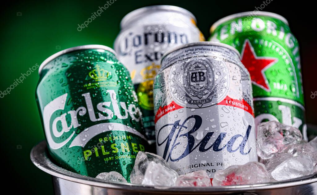 POZNAN, POL - APR 04, 2025: Cans of popular global beer brands: Carlsberg, Heineken, Bud and Corona