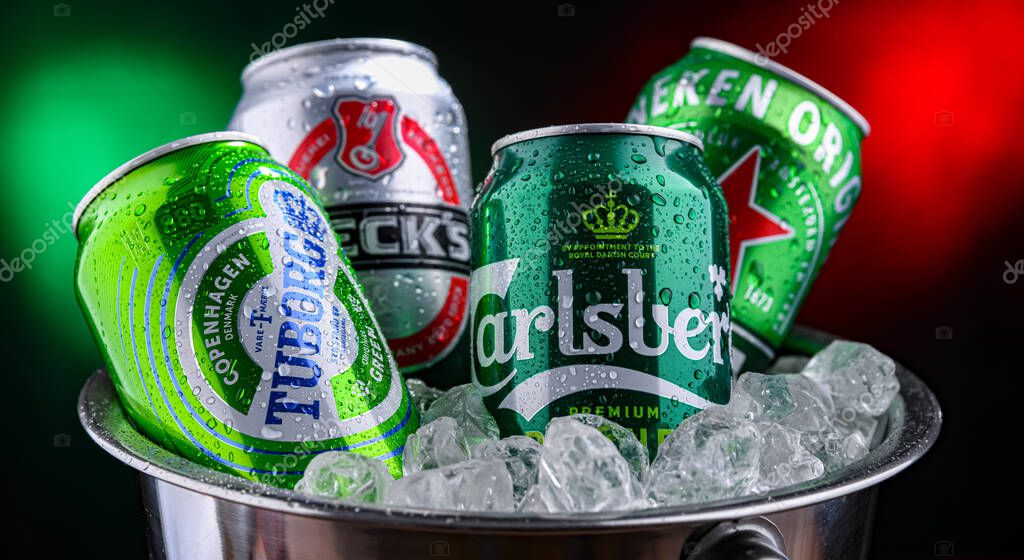 POZNAN, POL - APR 04, 2025: Cans of popular global beer brands: Carlsberg, Heineken, Becks and Tuborg