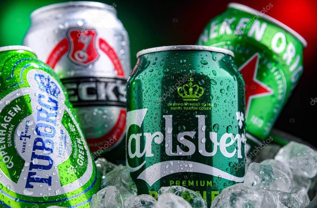 POZNAN, POL - APR 04, 2025: Cans of popular global beer brands: Carlsberg, Heineken, Becks and Tuborg