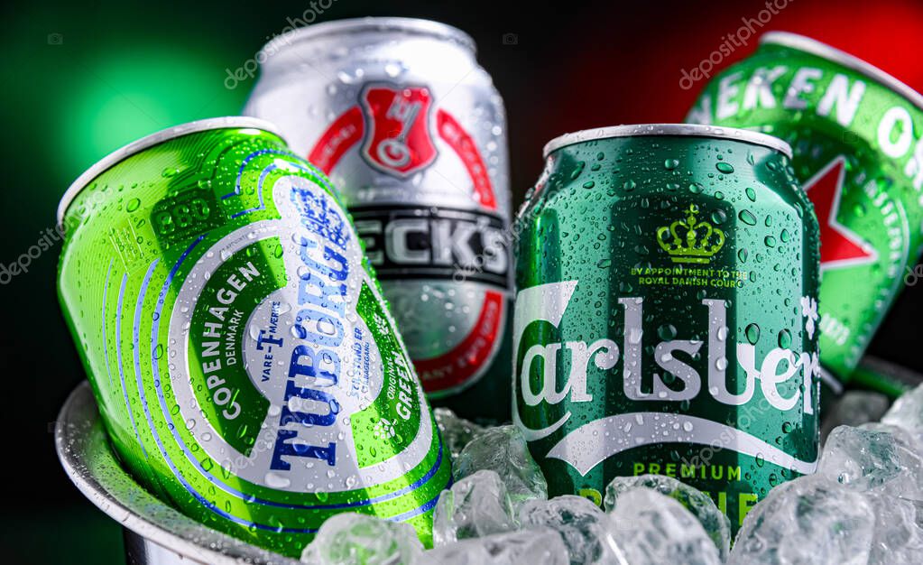 POZNAN, POL - APR 04, 2025: Cans of popular global beer brands: Carlsberg, Heineken, Becks and Tuborg