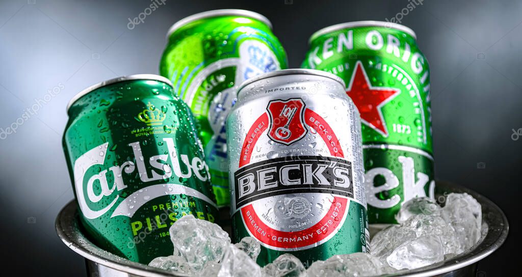 POZNAN, POL - APR 04, 2025: Cans of popular global beer brands: Carlsberg, Heineken, Becks and Tuborg