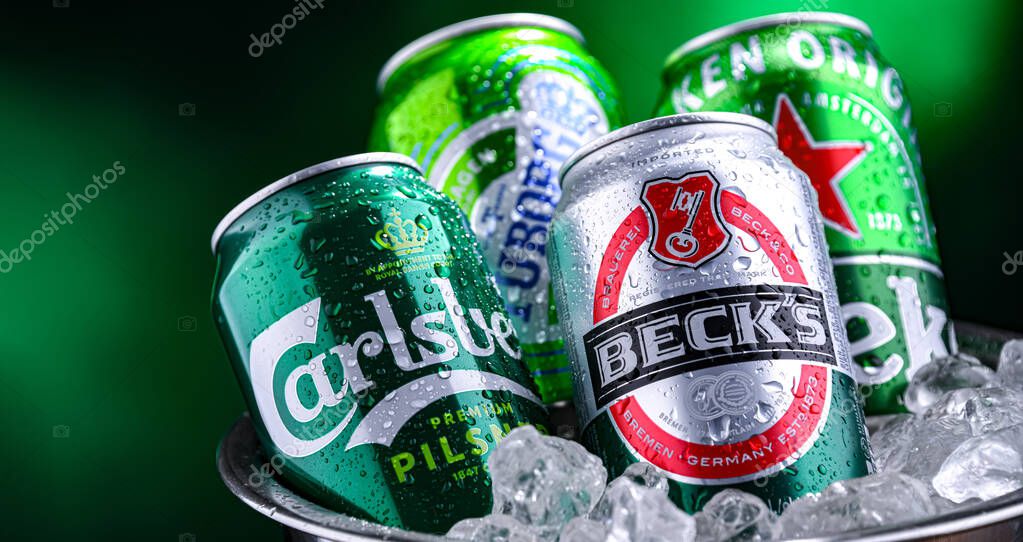 POZNAN, POL - APR 04, 2025: Cans of popular global beer brands: Carlsberg, Heineken, Becks and Tuborg