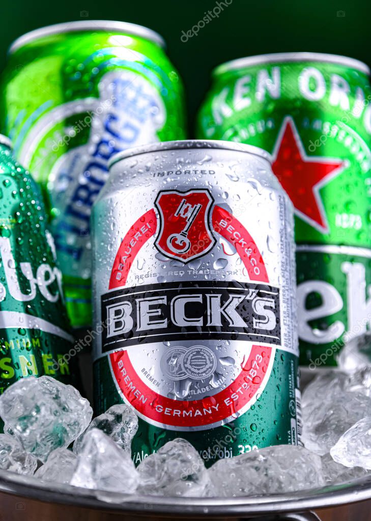 POZNAN, POL - APR 04, 2025: Cans of popular global beer brands: Carlsberg, Heineken, Becks and Tuborg