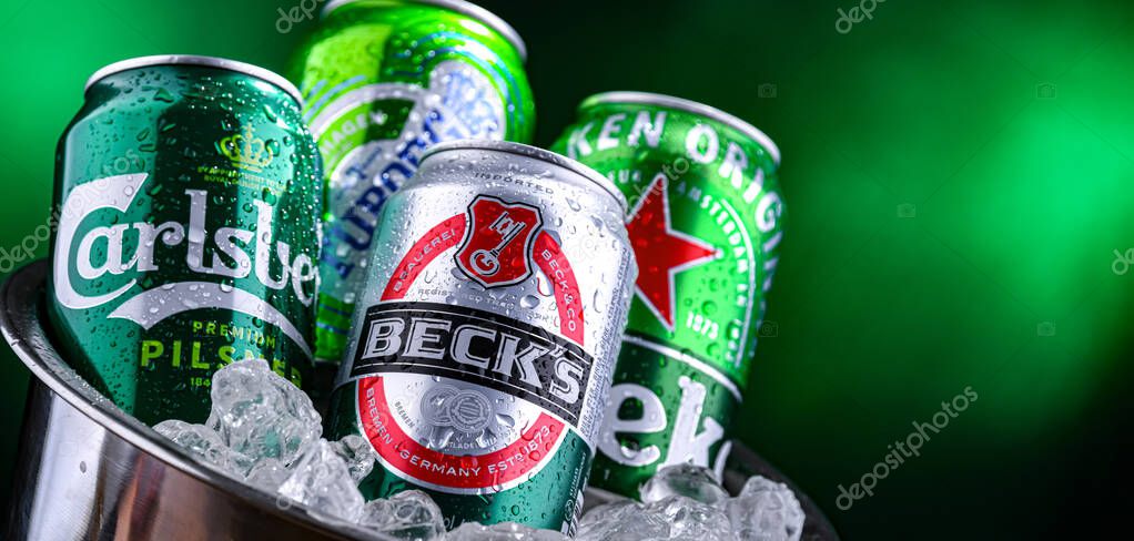 POZNAN, POL - APR 04, 2025: Cans of popular global beer brands: Carlsberg, Heineken, Becks and Tuborg