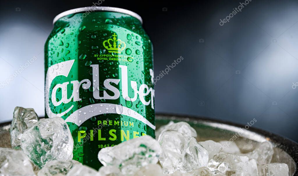 POZNAN, POL - APR 04, 2025: Can of Carlsberg beer in bucket with ice