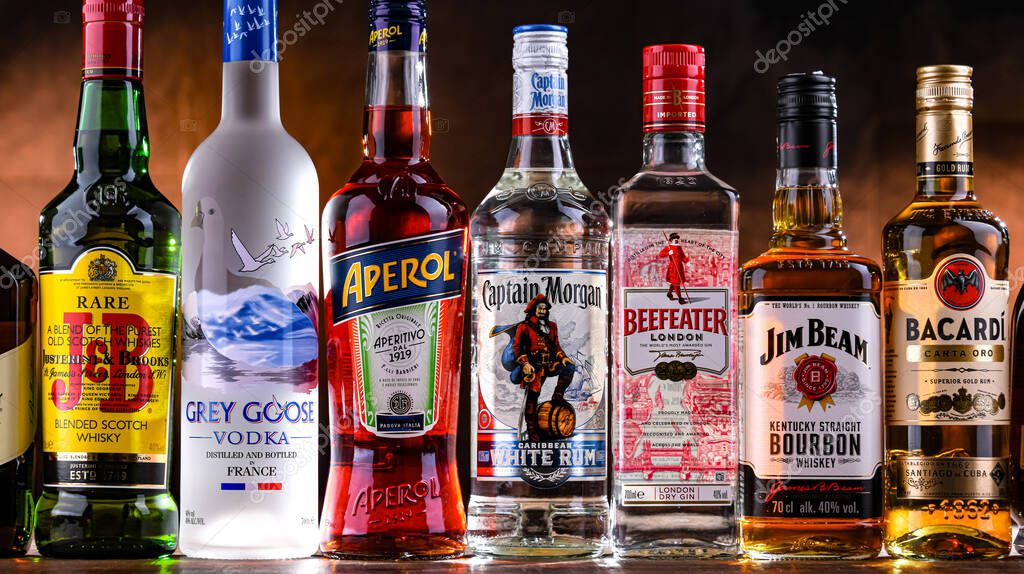 POZNAN, POL - APR 10, 2025: Bottles of popular global liquor brands
