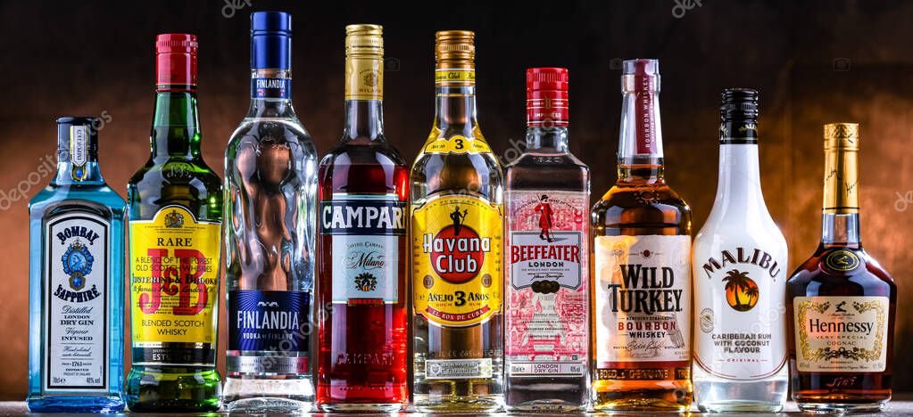 POZNAN, POL - APR 10, 2025: Bottles of popular global liquor brands