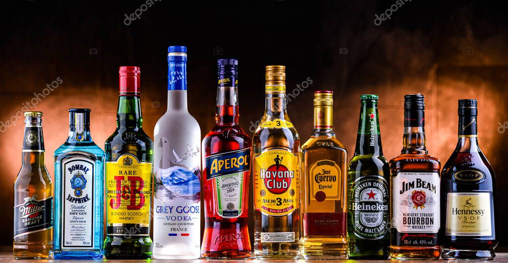 POZNAN, POL - APR 10, 2025: Bottles of popular global liquor brands