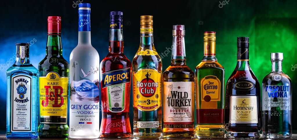 POZNAN, POL - APR 10, 2025: Bottles of popular global liquor brands