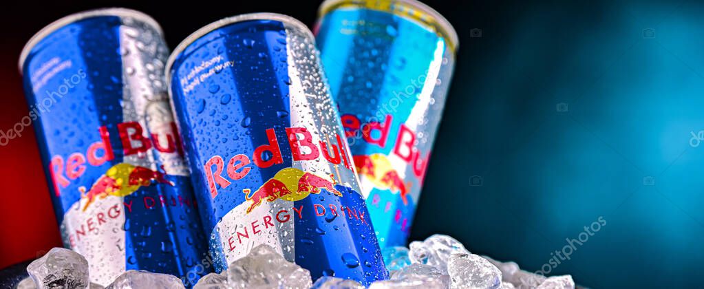 POZNAN, POL - APR 17, 2025: Cans of Red Bull, a brand of energy drinks from Austria