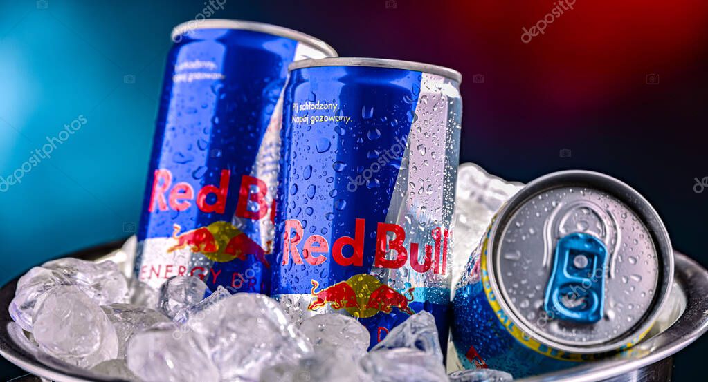 POZNAN, POL - APR 17, 2025: Cans of Red Bull, a brand of energy drinks from Austria