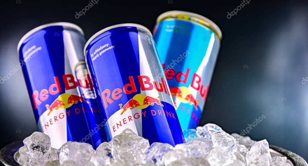 POZNAN, POL - APR 17, 2025: Cans of Red Bull, a brand of energy drinks from Austria