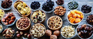 Composition with a variety of dried fruits and assorted nuts. Delicacies.