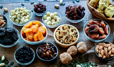 Composition with a variety of dried fruits and assorted nuts. Delicacies.