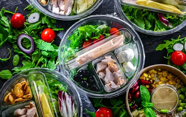 Yuvarlak plastik kutular ve önceden paketlenmiş sebze salataları. Uygun yiyecekler.