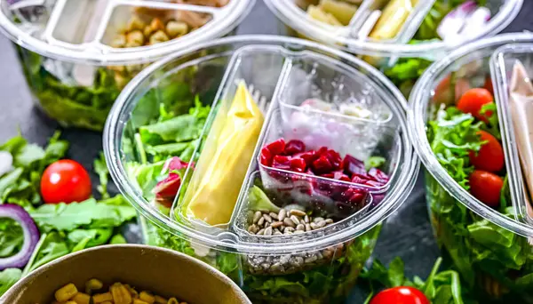 Yuvarlak plastik kutular ve önceden paketlenmiş sebze salataları. Uygun yiyecekler.