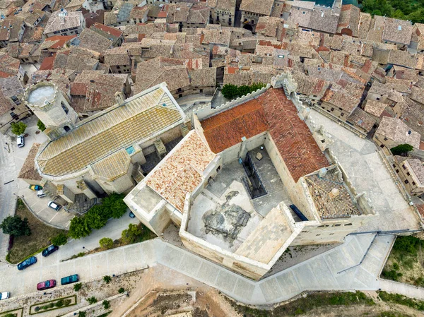 Flygfoto Över Valderrobres Teruel Provinsen Slott Och Kyrka Santa Maria — Stockfoto