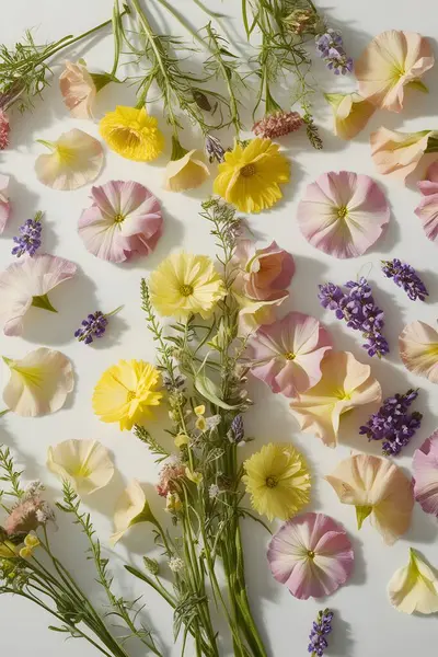 stock image blooms flat lay floral on white backdrop. Generative AI