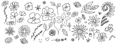 Vektör harika retro çiçekler el çizimi illüstrasyon seti. Çizgi çizimi çizimi. Botanik çiçekleri ve yaprakları izole edilmiş. 