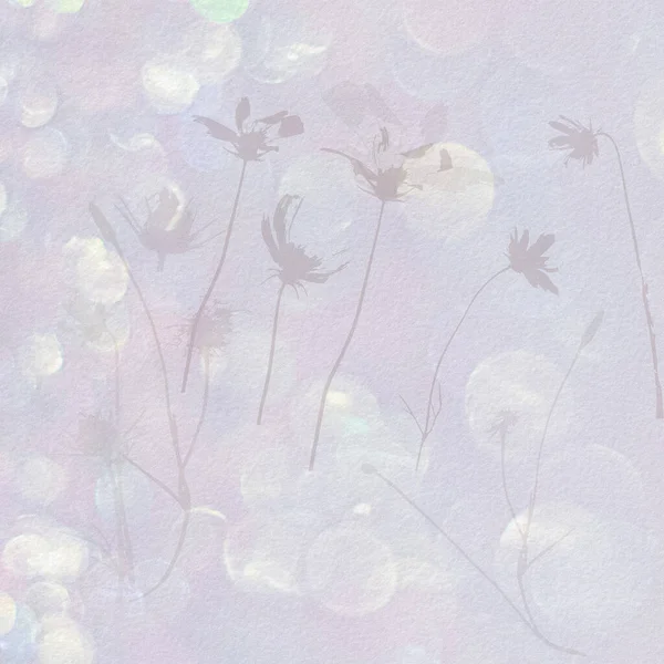 Shimmer holographic violet aesthetics background with florals on a watercolour paper texture. Wildflowers herbs and grass