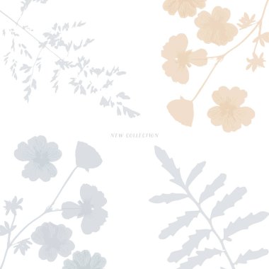 Vahşi çiçeklerle narin bir vektör deseni, bitkisel bitkiler. Yumuşak pastel renkler allık pembe arkaplan