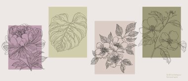 Soyut çiçekli ve modern botanikli zarif çiçek desenleri. Yumuşak pastel bej estetik sanat, posterler, asgari sanatsal