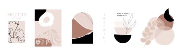 Modern soyut şekiller sanat. Moda organik formlar ve çiçek çizimleri. Şık boho tarzı baskılar. Botanik. Tarafsız pastel, kızarık pembe, tozlu pembe, bej ve siyah renkler. Logo, markalaşma vs.