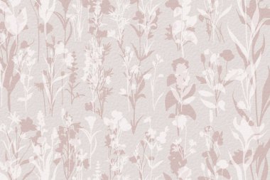 Narin suluboya çayır çiçekleri, botanik dijital kağıt, yumuşak, çıplak bej tonlarda çiçek arkaplanı. Beyaz organik kağıt dokusunda nötr zarif desen