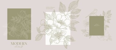 Soyut çiçekli ve modern botanikli zarif çiçek desenleri. Yumuşak pastel bej estetik sanat, posterler, asgari sanatsal