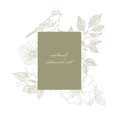 Serçe kuşunun soyut çiçek çizimi, yaban gülünün dalı, gül kalçası çiçek dalı. Botanik sanatının hassas bir eskizi. Vektör illüstrasyonu