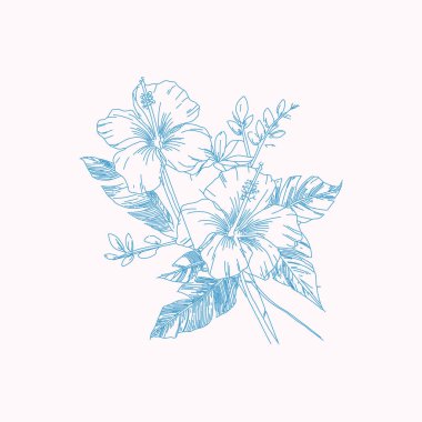 Hawaii çiçek illüstrasyonu, tropikal çiçek sanatsal tarzı, mavi ve pembe tonlar, Hibiscus egzotik gülleri ve yaprakları.