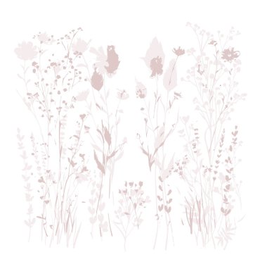 Vahşi çiçeklerle narin bir vektör deseni, bitkisel bitkiler. Yumuşak pastel renkler allık pembe arkaplan