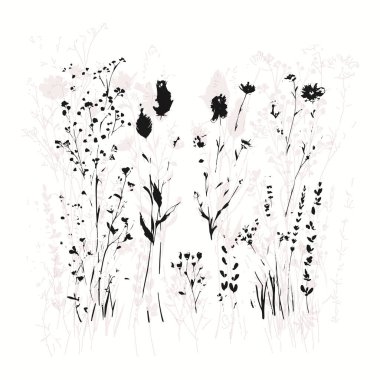 Vahşi çiçeklerle narin bir vektör deseni, bitkisel bitkiler. Yumuşak pastel renkler allık pembe arkaplan