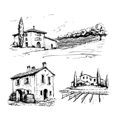 Toskana Villa veya Provence kaba taslak, soyut dijital illüstrasyon, düğün davetiyesi, şarap imalathanesi konsepti. Üzüm bağları manzaraları