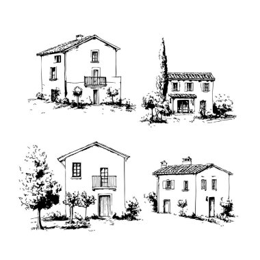Toskana Villa veya Provence kaba taslak, soyut dijital illüstrasyon, düğün davetiyesi, şarap imalathanesi konsepti. Üzüm bağları manzaraları