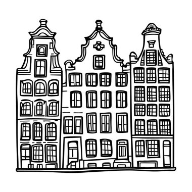 Amsterdam Houses Hand karalama tırnağı çizdi. Vektör çizimi. Siyah ve beyaz 