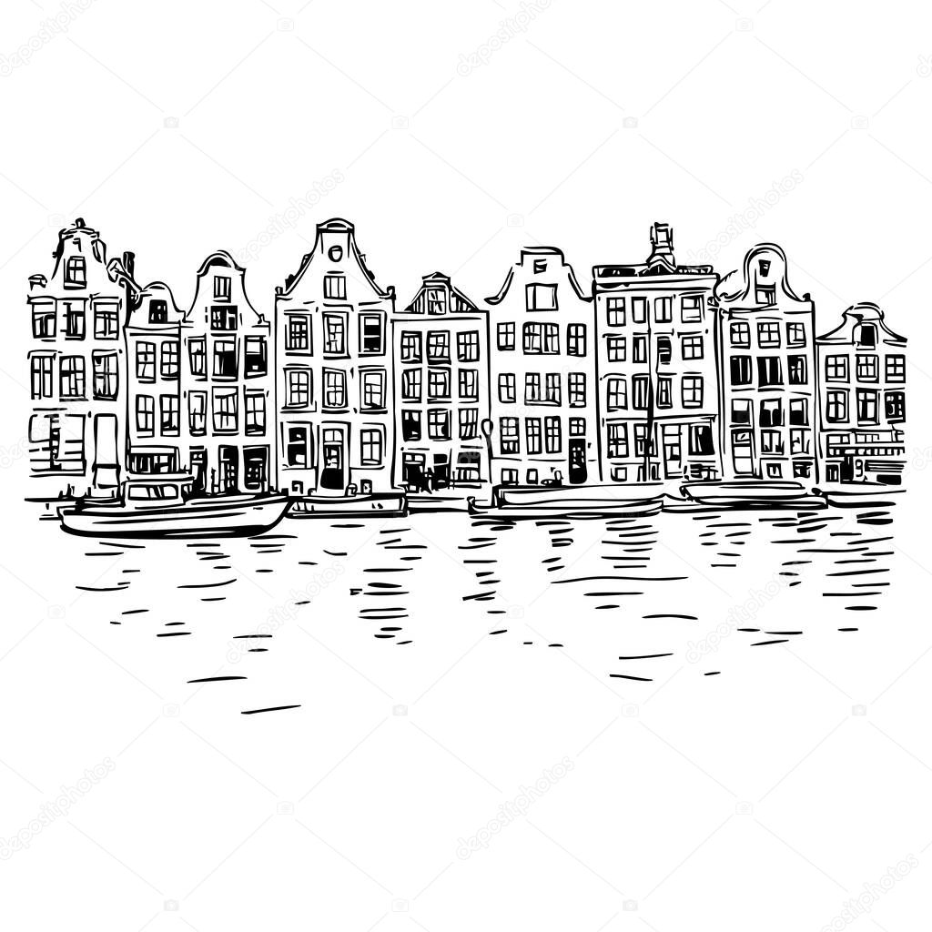 Amsterdam Houses Hand drawn doodle clipart. Vector illustration. Black and white