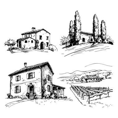 Toskana Villa veya Provence kaba taslak, soyut dijital illüstrasyon, düğün davetiyesi, şarap imalathanesi konsepti. Üzüm bağları manzaraları
