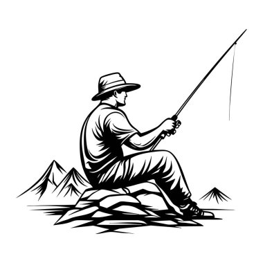 Balıkçı adam düz siyah beyaz logo vektör baskısı. Vektör illüstrasyonu