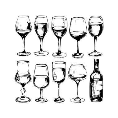 El yapımı şarap bardakları ve şişe seti. Klasik Blue Sketch içki takımı illüstrasyonu. Vektör illüstrasyonu