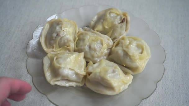 Dumplings Plate Close Fresh Boiled Dumplings — Stock Video