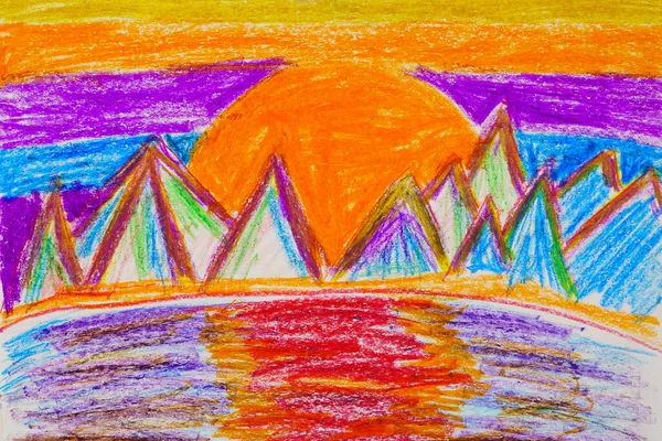 Kids drawing of mountain landscape and sun.