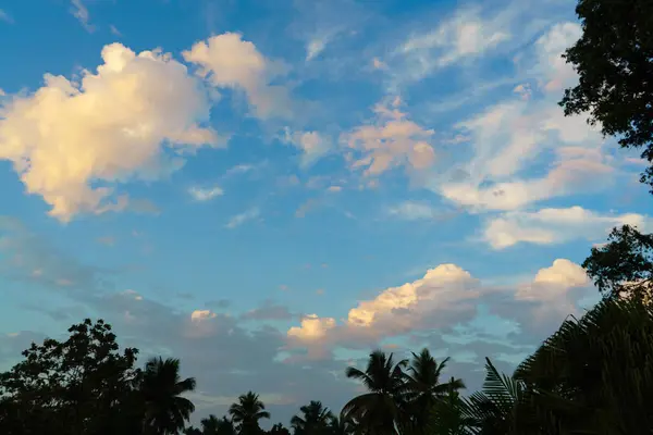 stock image Fluffy clouds in the blue sky at dawn.