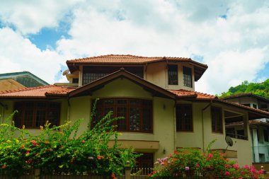 Beyaz bulutlu bir gökyüzüne karşı çiçekli ev.