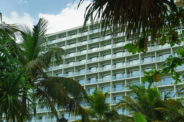 A multistory hotel building among palm trees.