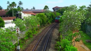 Sri Lanka 'da tropikal bir şehirde eski bir yolcu treni sürüyor..