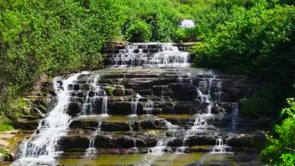 Cachoeira Flui Sobre Camadas Rocha Para Selva — Vídeo de Stock