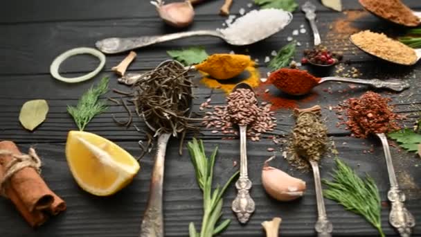 Colorful Herbs Spices Cooking Indian Spices Black Background Top View — Stock Video