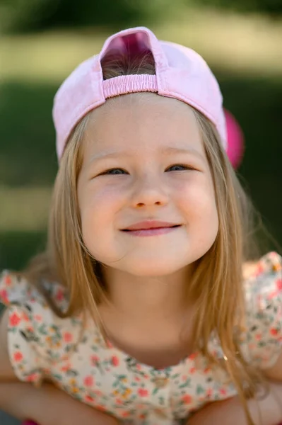 Little Girl Years Old Pink Cap Rides Scooter Summer Time — Stock Photo, Image