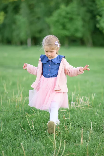 Little Girl Years Old Walks Park Dress Pink Sweater Summer — Stock Photo, Image